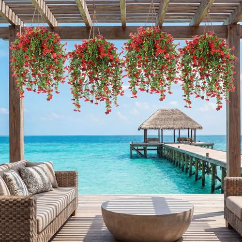 Suncalla 4 Pcs 30In Artificial Hanging Flowers for Outdoor Planter 156 Branches Trailing Faux Potted Plant Fake Floral UV & Fading Resistant for Wedding Patio Spring Summer Decor(Red,Reddish Brown) - color: Red,reddish Brown