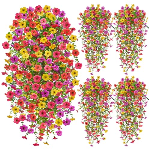 Artificial Hanging Flowers for Outdoors, 4PCS UV Resistant Artificial Outdoor Flowers, Silk Flowers for Outside Patio Porch Front Yard Window Garden Indoor Decor(Spring Color,4PCS) - color: Summer Color, size: 4PCS