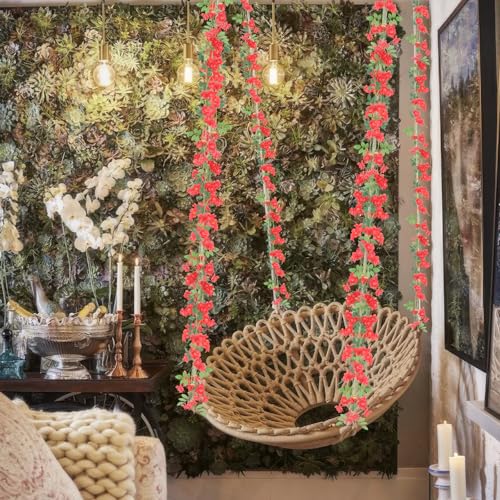 2 Pcs Artificial Flowers Garland for Outdoors Red Faux Gardenia Garland 15.5Ft Silk Rose Hanging Vines Floral for Wedding Arch Party Wall Garden Ceremony Backdrop Fence Spring Decor - color: Red