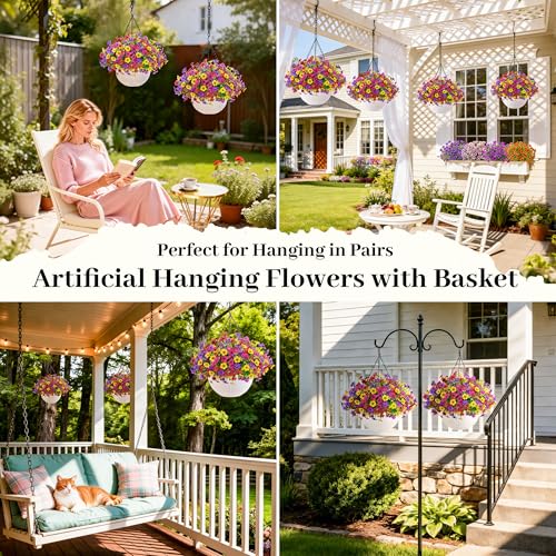Der Rose 2 Pack Artificial Hanging Flowers Basket for Faux Plants Outdoor Spring Summer Decoration UV Resistant Fake Flowers for Patio Balcony Farmhouse Decor