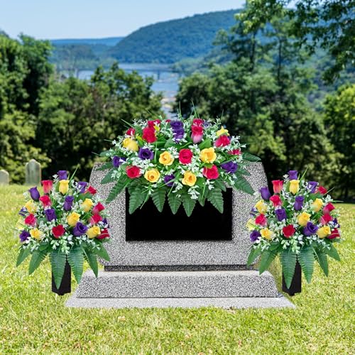 LVXINLI Artificial Cemetery Flowers, Gravesite Decoration Roses, Memorial Bouquets with Cemetery Vase, Vibrant and Long-Lasting Colors (Yellow+Purple+Brilliant Red, 2 Bundles) - color: Yellow+purple+brilliant Red