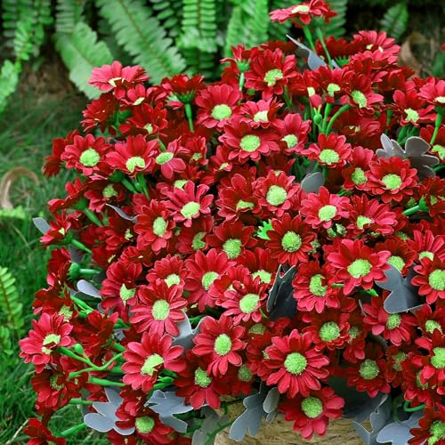 24 Bundles Artificial Daisy Flowers for Outdoor - Fake Mums Faux UV Resistant Daisies Plants Florals for Home Garden Patio Front Porch Outside Decorations - Red