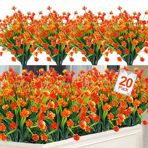 20 Bundles Artificial Flowers for Outdoors Summer Decor-UV Resistant No Fade Fake Mums Faux Plants Plastic Flowers Greenery for Home Porch Gardens Fireplace Patio Indoor Outsides Decor(Orange Red) - color: Orange Red, size: 20 Bundles