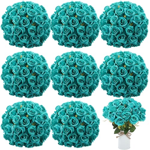 Hoteam 72 Heads Teal Artificial Flowers Turquoise Rose 6 Bouquet Wedding Decoration Faux Flower Arrangement Bouquet with Stem Bridal Shower Gift Floral Centerpiece for Tables - color: Lake Blue