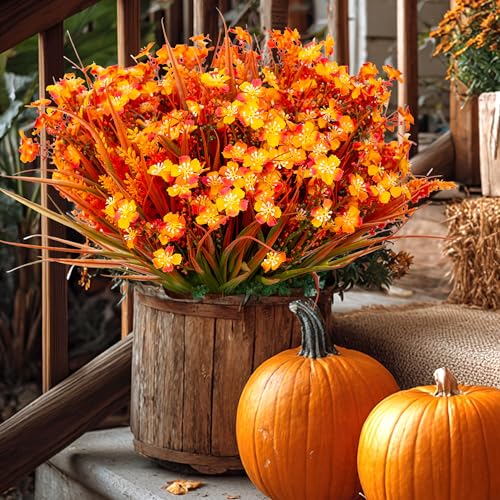 AXYLEX Artificial Fall Flowers Outdoor Fake Mums - 16 Bundles Fake Plants UV Resistant No Fade Faux Plastic Greenery Garden Porch Patio Fall Home Decor (1, OrangeGreen) - color: Orangegreen