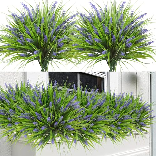Sggvecsy 12 Bundles Artificial Plants Outdoor Faux Lavender Flowers Fake Monkey Grass UV Resistant Plastic Greenery Plants for Garden Home Porch Window Patio Hanging Planter Indoor Decor (Purple) - color: Purple, size: 12pcs