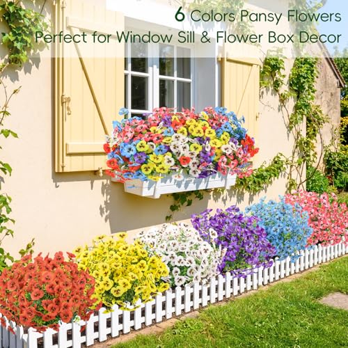 MACTING 24 Bundles Artificial Flowers for Outdoors UV Resistant Fake Outdoor Pansies Plants Plastic Flowers for Planters Window Front Door Porch Yard Patio Garden Home Summer Decorations(Mix Color) - color: Mix Color, size: 24 PCS