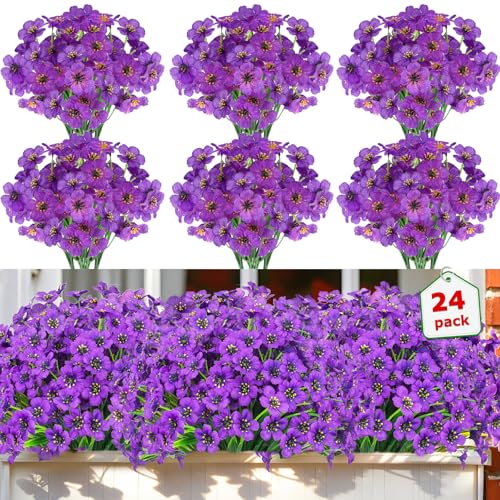 Nepfaivy Artificial Outdoor Flowers Purple - 24 Bundles Fake Flowers for Outside Uv-Resistant, Real Look Silk Faux Flowers for Outdoor Planters, Realistic Plastic Flowers for Garden Porch Patio - color: Dark Purple