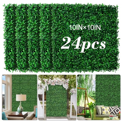 AOKIIE 10"x10" Artificial Grass Wall 24Pcs UV-Anti Boxwood for Outdoor | Grass Wall Panels UV-Anti & Weatherproof Boxwood Hedge, Privacy Greenery Screen for Outdoor Patio, Garden Fence Backdrop - size: 10X10 24PCS