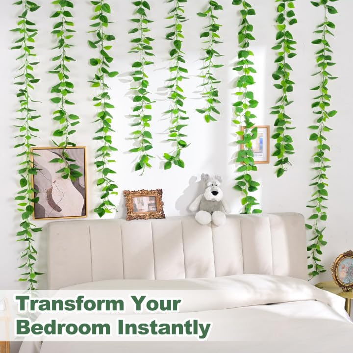 BLEUM CADE 2Pcs Fake Vines with Faux Pothos Leaves, Artificial Ivy Garland Fake Plants Greenery for Bedroom Living Room Office Wall Garden Wedding Party Indoor Outdoor Decor Aesthetic - color: Pothos Vines - 2pcs