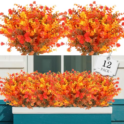 AGIRL 12 Bundles Artificial Fall Flowers Outdoor Indoor Decoration,No Fade Autumn Fake Plastic Plants with Eucalyptus Leaves,Faux Mums for Thanksgiving Garden Front Door Porch Patio Fall Decor - color: Orange Eucalyptus, size: 12