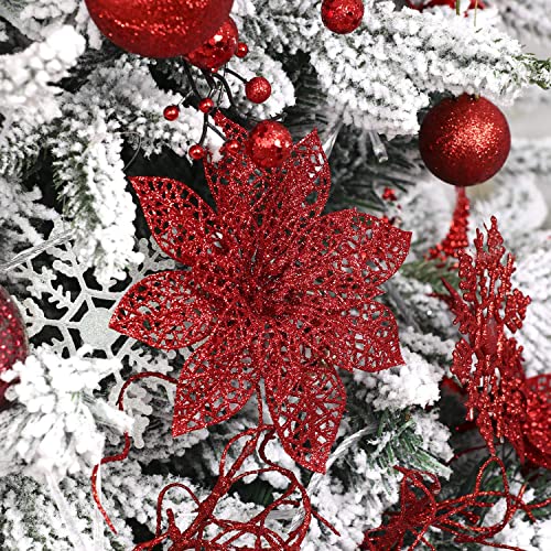 Wironlst 24 Pieces Glitter Poinsettia Flowers Christmas Tree Ornaments, Glitzy Poinsettia Bushes Christmas Decorations for Xmas/Holiday/Seasonal/Wedding (Red) - color: Red