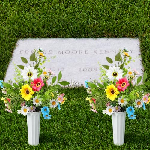 Thiccywoov 2 Set Artificial Daisy Cemetery Flowers with Vase Multicolor Artificial Daisy Bouquet Silk Graveyard Memorial Flowers for Spring Summer Cemetery Headstones Decoration - color: Multicolored, size: Daisy