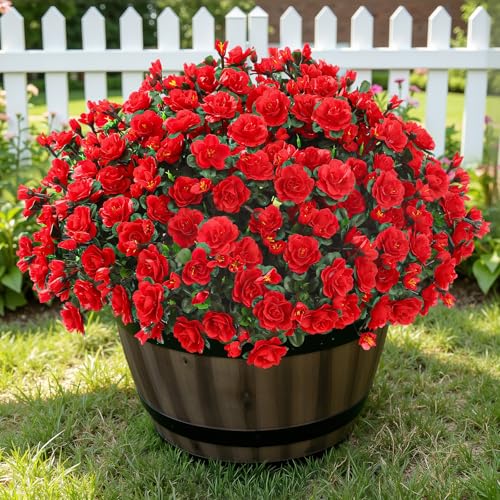 Alupssuc 8 Large Bundles Artificial Flowers for Outdoors Spring Decoration, UV Resistant Faux Flowers Silk Camellia Realistic Fake Flowers for Yard Patio Planter Porch Balcony Garden, Red - color: Red