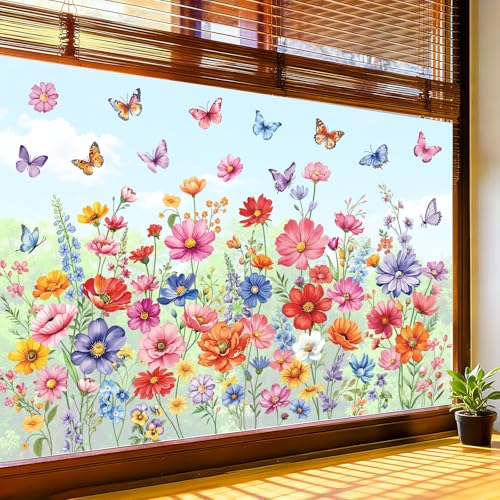 decalmile Spring Summer Colorful Flower Double Sided Window Clings Wildflower Bouquet Butterfly Plants Anti-Collision Glass Doors Window Stickers Decals - color: Colorful Flower