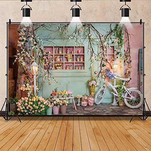 Renaiss 7x5ft Flower Shop Backdrop for Photoshoot Kids Adults Portrait Bicycle Blossom Branches Tulip Pink Green Florist Photography Background Baby Shower Wedding Bday Party Decors Photo Booth Props - size: 7x5ft