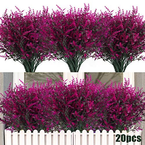 20 Bundles Artificial Flowers for Outdoor Decoration, Spring Decoration UV Resistant Faux Outdoor Plastic Greenery Shrubs Plants Artificial Fake Flowers Hanging Planter Home Garden Decor(Fuchsia) - color: Fuchsia, size: 20 Bundles