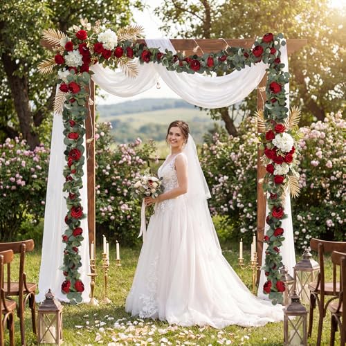 2 Pack Burgundy Artificial Flower Garland 6.2ft/Piece Vintage Eucalyptus Rose Garland with Fake Peonies Silk Fake Floral Vines for Wedding Arch Home Table Mantle Party Backdrop Decor (Burgundy) - color: Burgundy