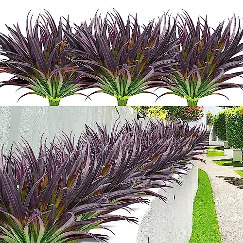 12 Pcs Outdoor Fake Plants UV Resistant Artificial Tall Grass Plants Faux Tropical Flowers Bushes Fall Winter Summer Planters Yard Patio Front Porch Décor Plastic Greenery Shrubs Decoration - color: Dark Purple Grass Plant, size: 12 Pcs