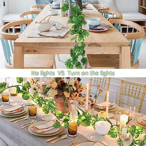 RECUTMS Artificial Monstera Leaf Vines Whit Light 2Pcs, 5.9FT Fake Hanging Ivy Plant Faux Tropical Palm Leaves Greenery Vine Garland Indoor Outdoor Garden Porch Patio Jungle Luau Birthday Party Décor - color: Monstera Leaf Vines Whit Light 2pcs