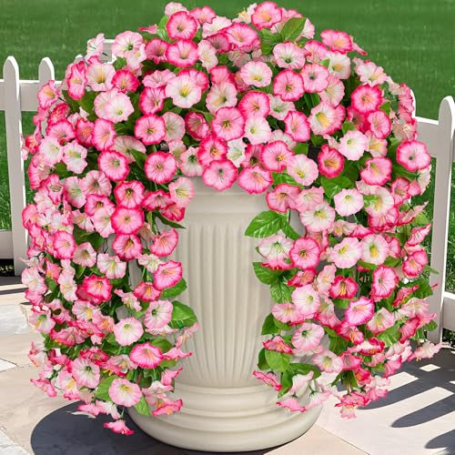 INXUGAO Artificial Fake Hanging Flowers Plants for Outdoor Decoration, 2PCS Faux Silk Morning Glory Long Vines Stems UV Resistant Look Real for Spring Summer Outside Home Porch Patio, Pink - color: Pink