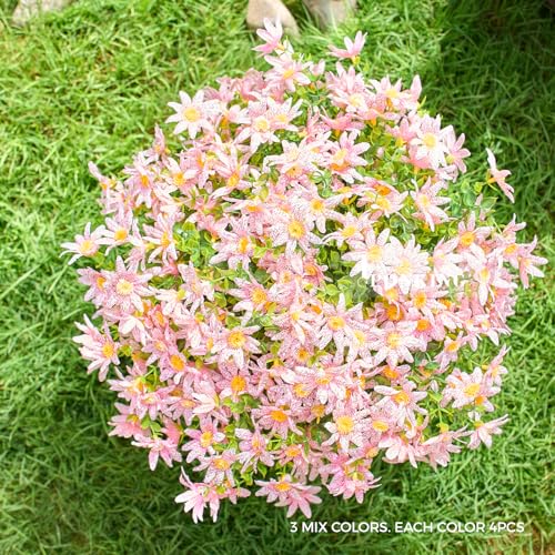PONKING Artificial Flowers for Outdoors Patio Decoration 12 Bundles Fake Flower Daisy UV Resistant Faux Plants Yard Garden Porch Home Boxwood Planter Patio Mothers Day Decor, Light Pink Flower - color: D Light Pink Daisy 12pcs