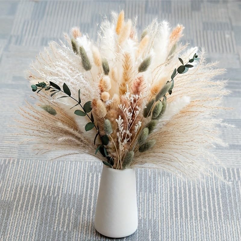 Spring White Dried Flower Bouquet with Pampas Grass – Soft Neutral Floral Arrangement for Home, Wedding Tables and Events 17 Inch (Pure White) - color: Pure White