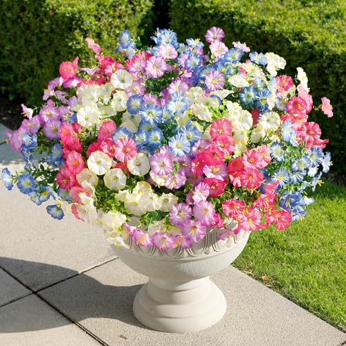 Alupssuc 24 Bundles Artificial Flowers for Outdoors, Faux Spring Flowers for Decoration, UV Resistant Silk Morning Glory with Eucalyptus Realistic Fake Flowers for Yard Planter, 4 Gradien Colors - color: 4 Gradient Color