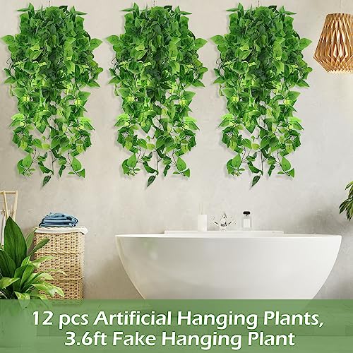 Hoteam 12 Pcs Artificial Hanging Plants 32 Inch Fake Ivy Vines with Fake Leaves Patio Artificial Plants Greenery for Living Room Indoor Outdoor Wall, No Basket (Pothos,Persian Grass) - color: Pothos, Persian Grass