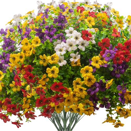 Grunyia Artificial Fake Plants Flowers for Outdoor Spring Decoration, 16 Bundles Faux Silk Colorful Daisy UV Resistant Realistic for Outside Porch Patio Home Yard Garden Planters Pots Window Box(Mix) - color: Mix