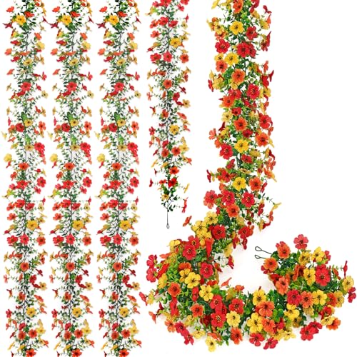 4 Pack Artificial Flowers Garland Ivy,Spring Summer Decor UV Resistant Fake Daisy Vines Floral Vine Silk Hanging Flower for Decor Home Garden Wedding Photo Booth Backdrop (Red Orange Yellow) - color: Red Orange Yellow, size: 4PCS