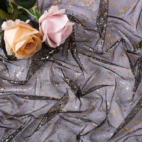 10FT Black Gold Gauze Table Runner Sheer Glitter Metallic Foil Tulle Table Runner 120 Inch Sequin Kitchen Dining Birthday Wedding Christmas Halloween Home Decor for Party - color: Black Gold, size: 10 ft × 1 pc
