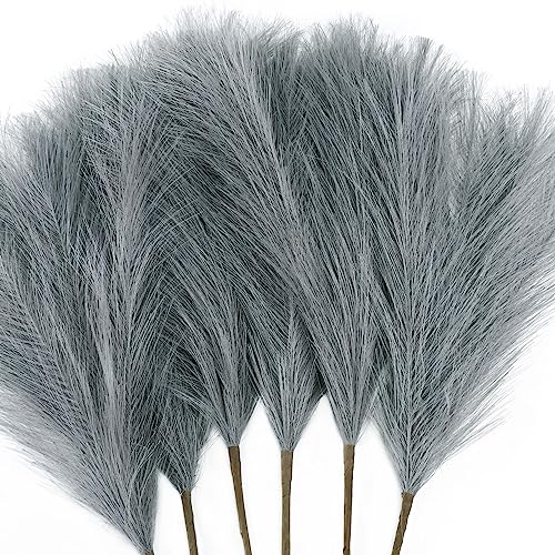 6 PCS Faux Pampas Grass Arrangement - 18"/45cm Artificial Fluffy Pompous Grass Stems for Boho Chic Home and Wedding Decor (Grey) - color: E2- Grey