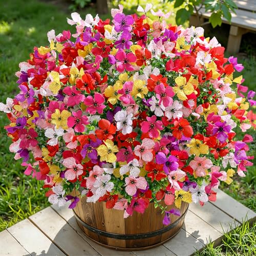 SHareconn 20 Bundles Artificial Flowers Outdoors Decoration, Fake Silk mums Eucalyptus Realistic UV Resistant Faux Plants for Outside Indoor Planter Porch Yard Home Spring Decor, 6 Colors incl. White - color: Redrosypurpleyellowpinkwhite