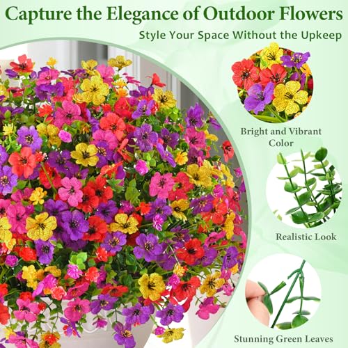 Yastouay Artificial Flowers for Outdoors, 22 Bundles UV Resistant Artificial Outdoor Flowers, Realistic Fake Outdoor Flowers Plant Faux Flowers for Outdoor Planters Front Porch Patio Window Box - color: Purple+fuchsia+red+yellow, size: 22 Bundles