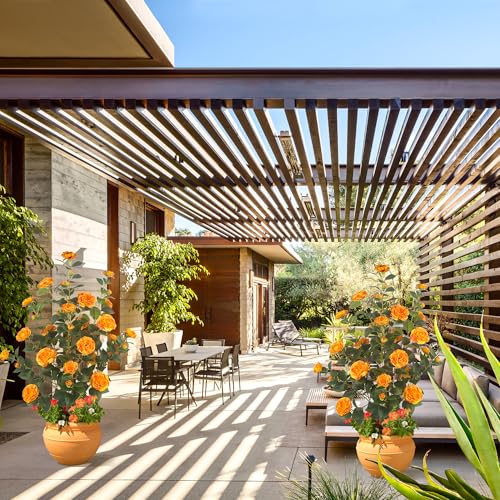 2Pack 39.37"/3.28FT Artificial Camellia Trees with 32 Flowers in Cement Pots – Lifelike Fake Trees for Front Porch, Home, Indoor Outdoor Spring Decor, Office or Housewarming Gifts (Orange) - color: Orange, size: 39.37 inchx2