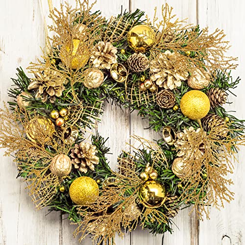 15 Pcs Gold Glitter Artificial Cedar Sprigs Picks Faux Cedar Branches Stems Christmas Tree Picks Sprays 15.4" H for Gold Christmas Tree Wreath Wedding Bouquet Winter Seasonal Holiday Decoration - color: Gold