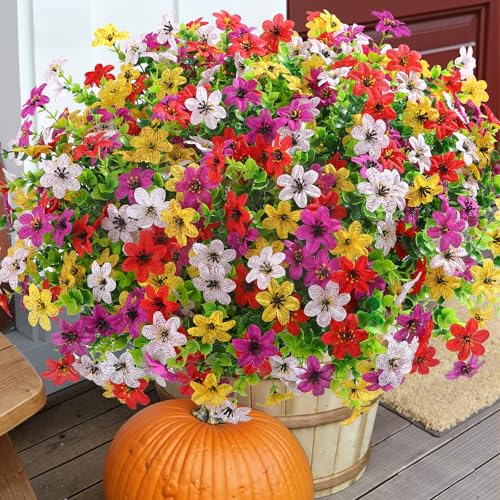 SHareconn 24 Bundles Artificial Flowers for Outdoors Decoration, Faux Plants Fake Silk Colorful Daisy Eucalyptus Lavender, UV Resistant for Outside Home Porch Patio Indoor Spring Decor, Mix 4 Colors - color: Redvioletyellowwhite