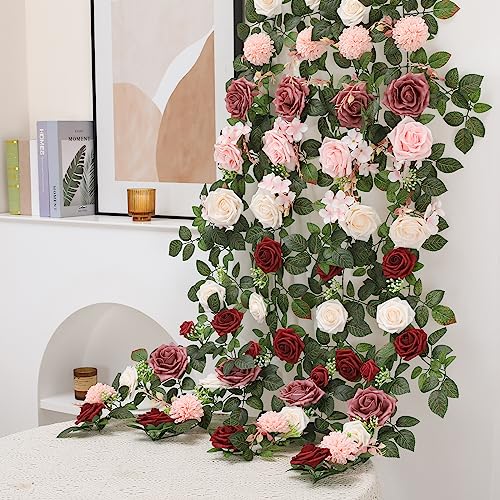 Senseya 5FT Artificial Rose Flower Garland - Burgundy Fake Floral Vine with Rose Leaves, Runner Rustic Flower Garland for Wedding Arch Backdrop, Table Runner Centerpieces, Party Home Mantel Decor - color: Burgundy
