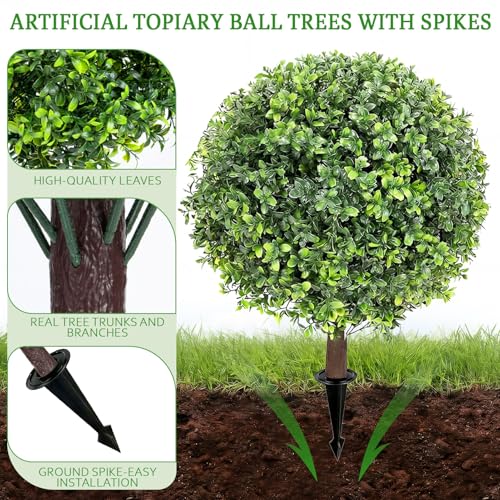 Artificial Boxwood Topiary Ball Trees with Spikes for Outdoor 27" Set of 2, UV Resistant Faux Greenery Shrubs, Realistic Fake Bushes Plants for Garden Yard Front Porch Patio Indoor Decor - color: Green Boxwood