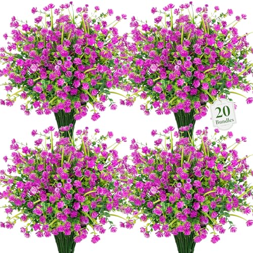 20 Bundles Artificial Flowers for Outdoors Fake Plastic Flowers UV Resistant Realistic Faux Plants Shrubs for Spring Summer Garden Porch Yard Patio Planter Window Box Home Decor, Fuchsia - color: Fuchsia