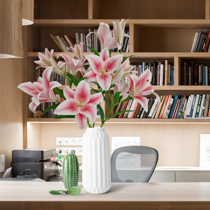 Artificial Lily Flowers,4 Pcs Faux Lily Flowers,32.5 Inch Long Stem Tiger Lily Branch with 2 Full Blooms and 1 Bud, Latex Real Touch Lilium Flower for Wedding Bouquet (4, Pink) - color: Pink