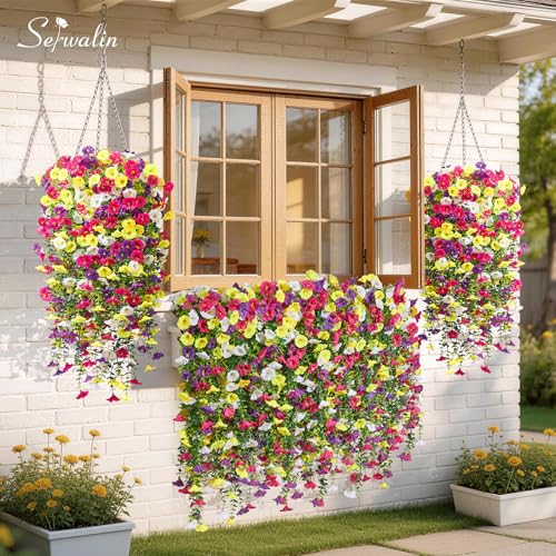 Serwalin Artificial Hanging Flowers for Outdoors UV Resistant, 4PCS Faux Morning Glory Fake Outdoor Flowers Realistic Silk Flower Plants for Outside Planter Front Door Porch Patio Yard Decor - color: A Summer Color