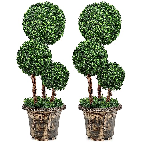 Goplus 2.5 Ft Artificial Boxwood Topiary Tree, 2 Pack Fake Greenery Plants Triple Ball Tree, Leaves & Cement-Filled Plastic Flower Pot Decorative Trees for Home, Office, Indoor and Outdoor Use - size: 2.5 Ft