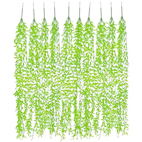 Fake Hanging Plants Artificial Vine, Plastic Ivy Greenery Christmas Garland Faux Vines Grass Flowers Leaves Home Garden Outdoor Indoor Party Wedding DIY Bedroom Wall Decor Decoration - Green 10 Pack - color: Long Vines/ Green/ 10 Pack