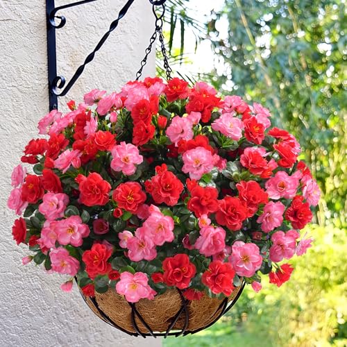 Artificial Fake Outdoor Flowers Plants, Faux Silk Camellia Bundles UV Resistant No Fade Realistic for Planter Pot, Outside Porch Patio Balcony Garden Yard Home Decoration, 3 Large Bundles(Melon Red) - color: Melon Red+red