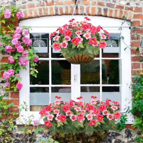2 Pcs Artificial Flowers for Outdoors Fake Plants Outside Spring Summer Decoration Realistic Silk Morning Glory UV Resistant Faux Flowers for Planter Patio Yard Garden Front Porch Pink Rose Red - color: Pink, Rose Red