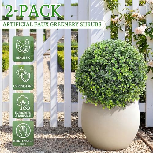 Artificial Boxwood Topiary Ball Trees with Spikes for Outdoor 27" Set of 2, UV Resistant Faux Greenery Shrubs, Realistic Fake Bushes Plants for Garden Yard Front Porch Patio Indoor Decor - color: Green Boxwood
