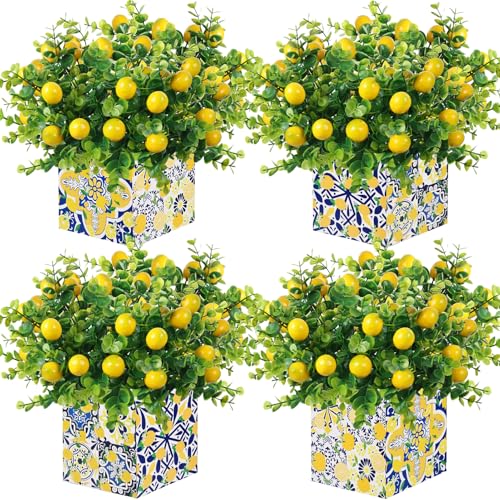 4 Sets Blue Tiles Lemon Table Centerpiece Decor Box and 16 Artificial Lemon Branches Amalfi Coast Capri Positano Lemon Party Supplies for Capri Mediterranean Wedding Birthday Baby Shower Party Decor - color: Yellow White-a