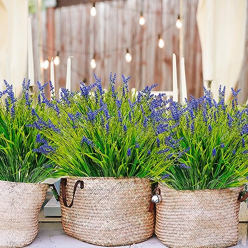 12 Bundles Outdoor Artificial Plants Flowers UV Resistant Fake Tall Grass Plants Bushes Faux Tropical Shrubs for Outside Window Box Planter Front Porch Yard Patio Floral Arrangement - color: Purple, size: 12 Pcs